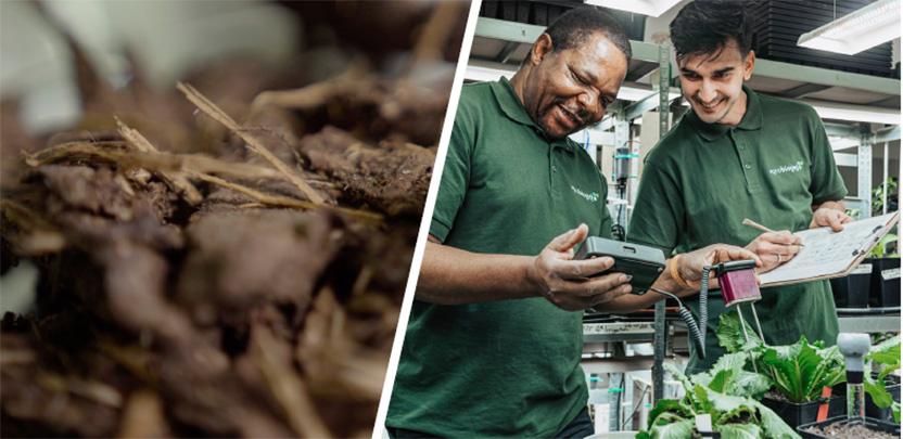 Rinde, zwei Forscher mit Messgeräten und Pflanzen in Töpfen